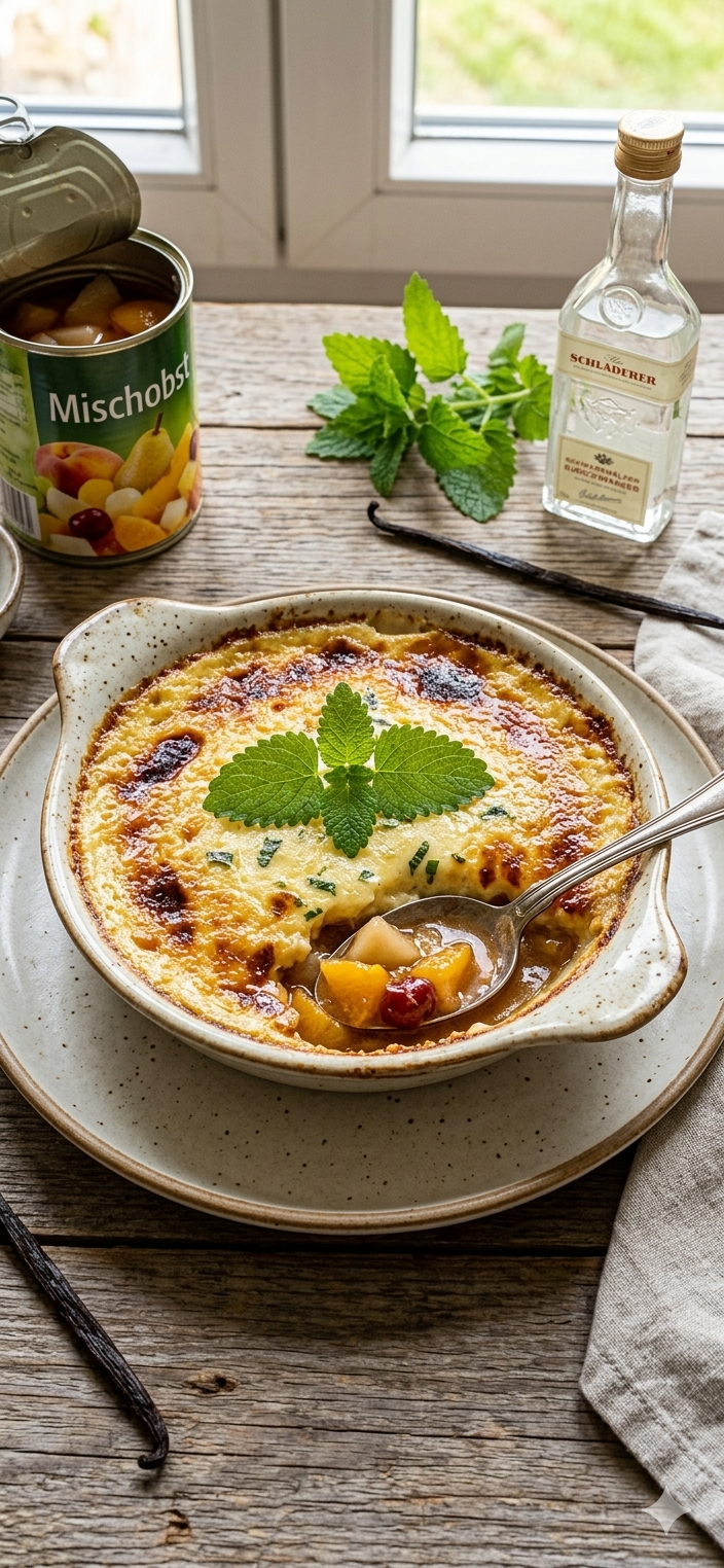 Früchtecocktail mit gratinierter Vanillecreme.