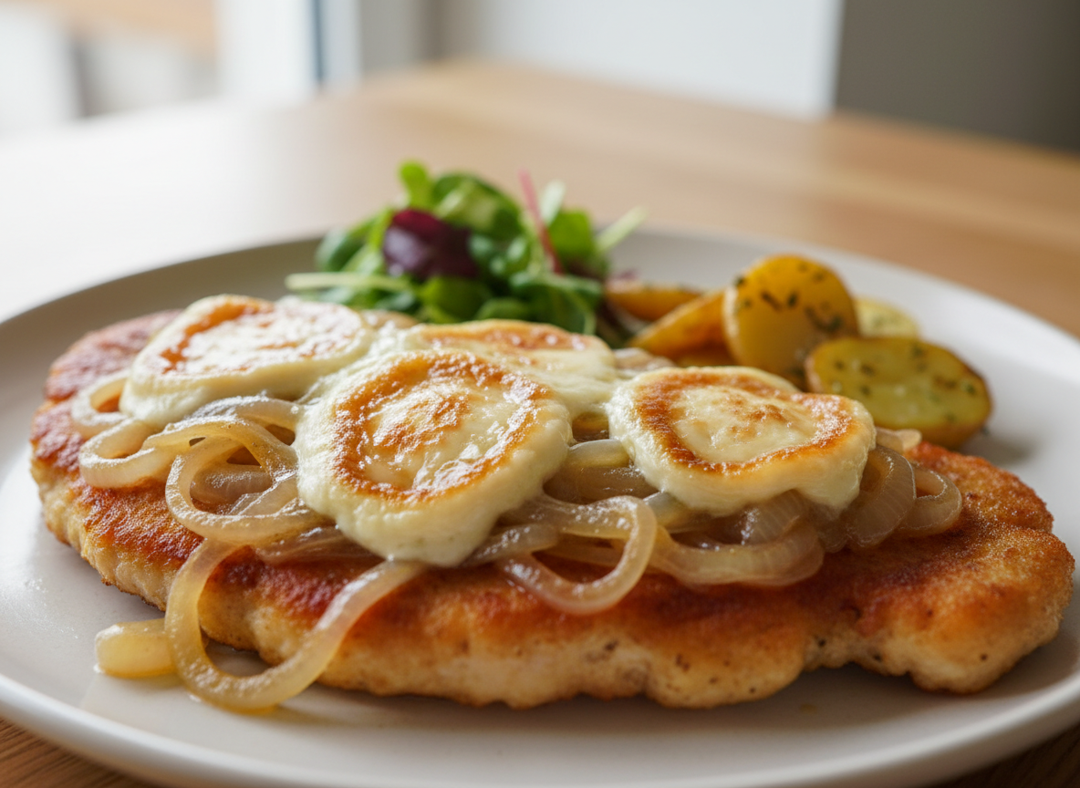 Putenschnitzel mit Zwiebeln und Bresso überbacken