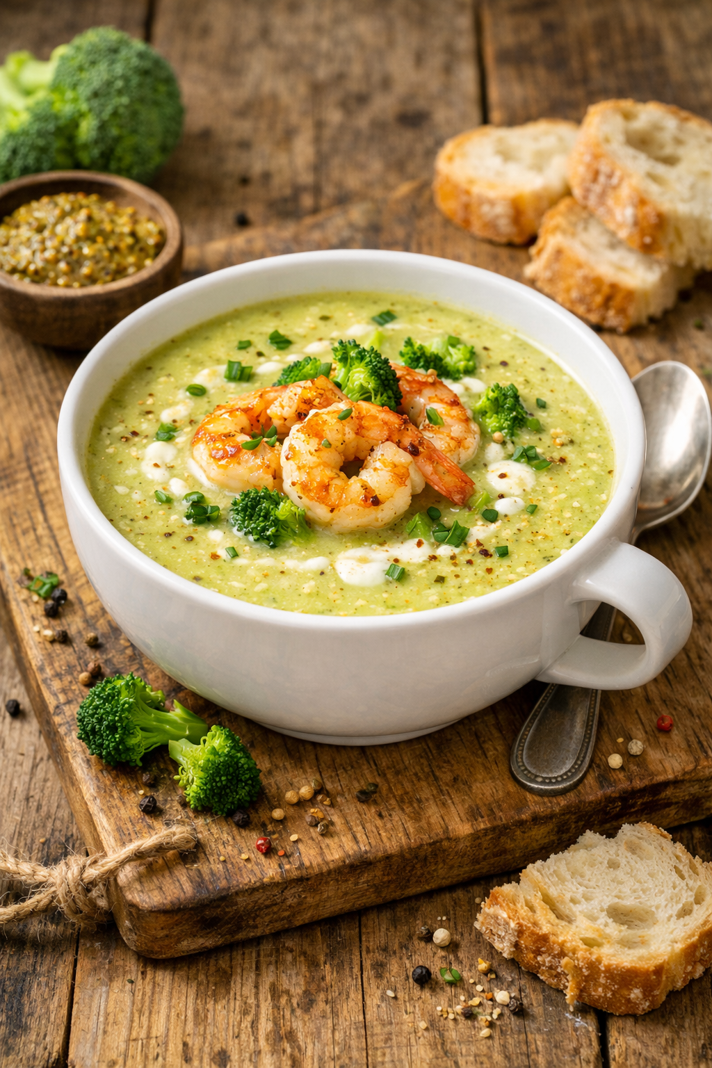 Brokkoli-Senf-Suppe mit Garnelen